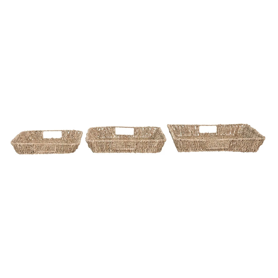Decorative Hand-Woven Seagrass & Metal Trays w/ Handles
