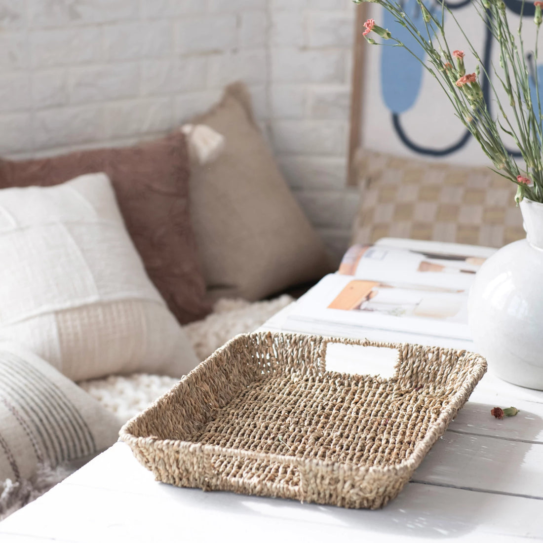 Decorative Hand-Woven Seagrass & Metal Trays w/ Handles