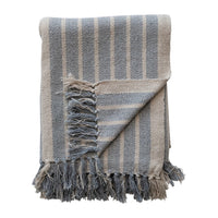 Woven Recycled Cotton Blend Throw with Stripes & Fringe