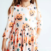 Pumpkin Peekaboo 3/4 Sleeve Pocket Twirl Dress