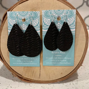 Fleece & Fancy |  Handmade Black Leather Earrings with Fishtail Pattern