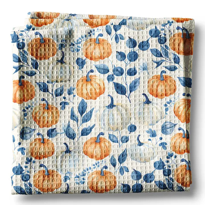 Blue Pumpkin Chinoiserie Fall Coastal Kitchen Towel Waffle