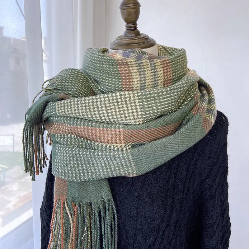 Vintage Plaid Faux Cashmere Warm Tassel Scarf