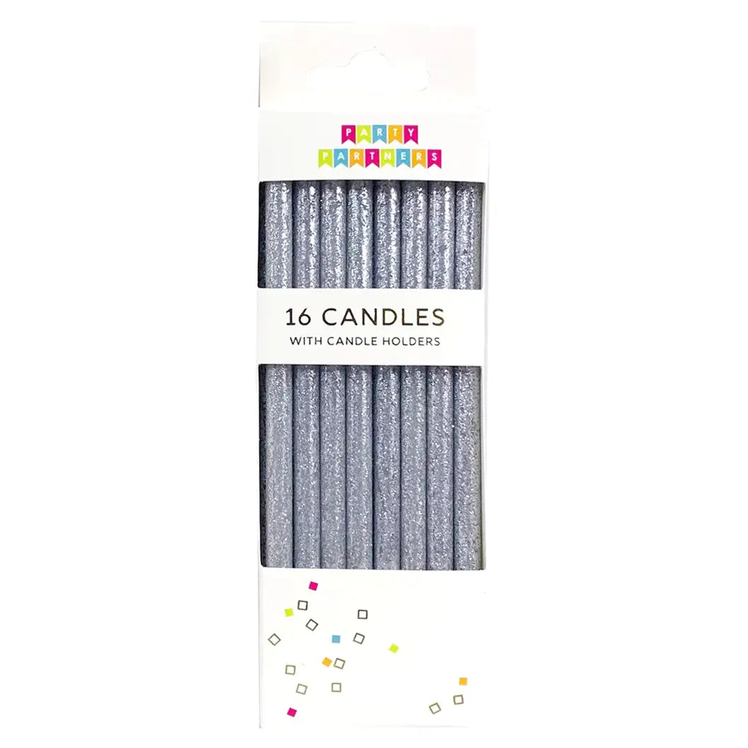 Tall Solid Silver Glitter 16 Candles Set