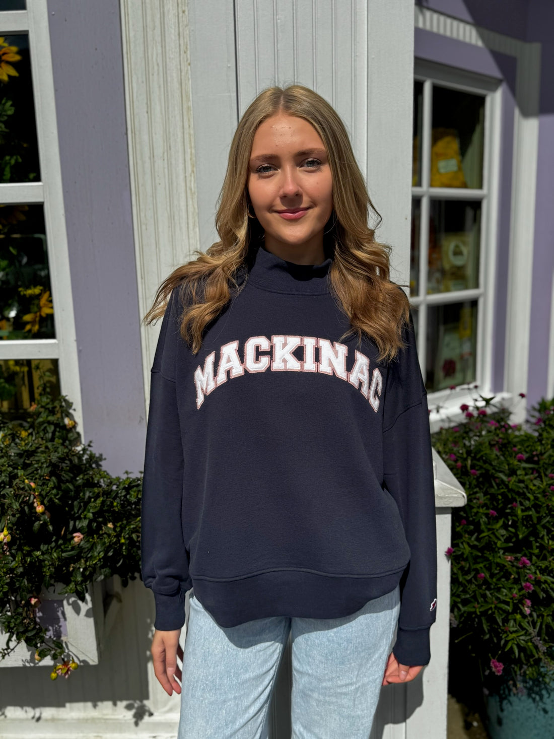 Navy and Pink Mackinac Mock Neck