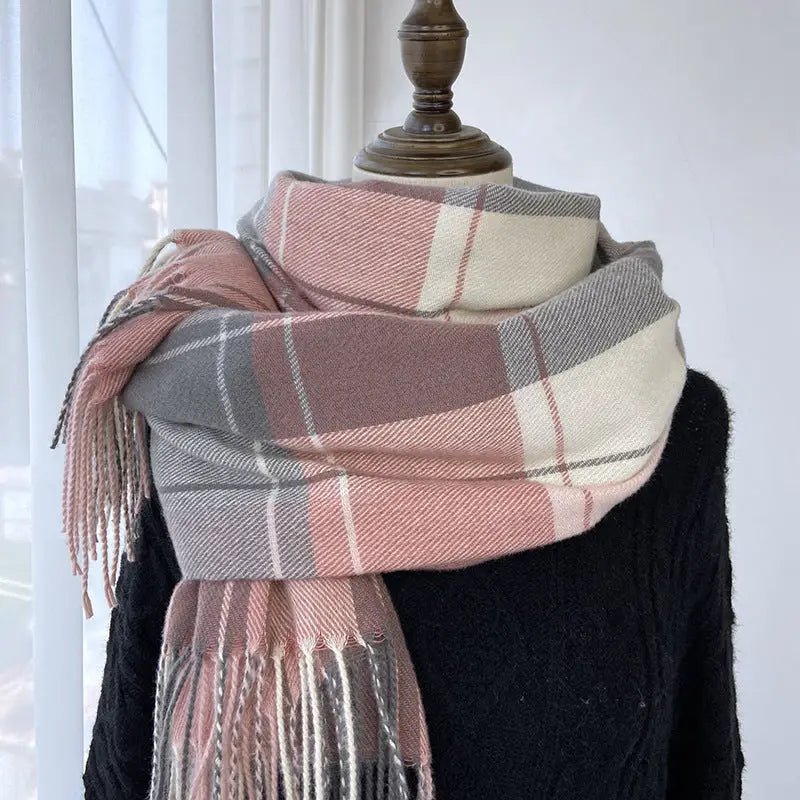 Vintage Plaid Faux Cashmere Warm Tassel Scarf