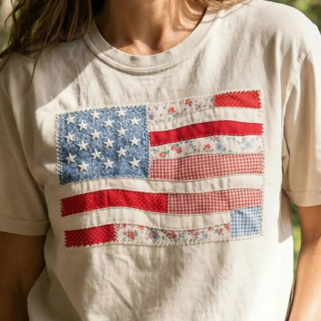 American Flag Faux Texture Patchwork T-Shirt