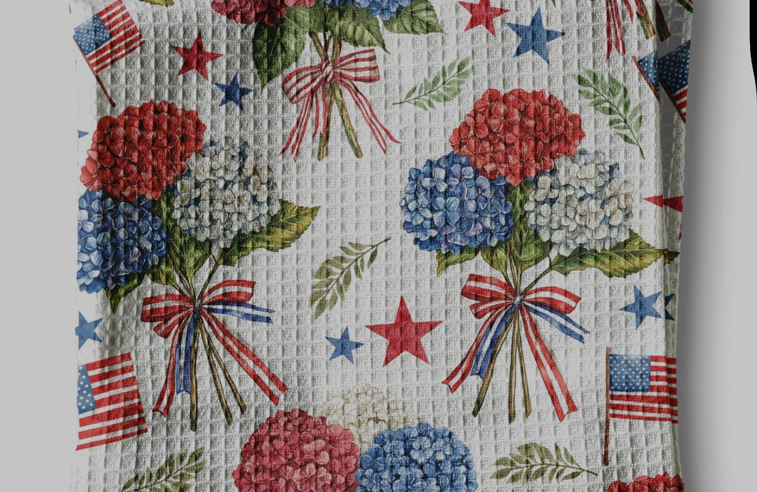 Hydrangea July 4 Patriotic Red White Blue Flag Kitchen Towel