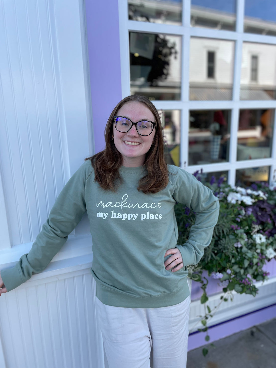 Mackinac My Happy Place Green Crewneck