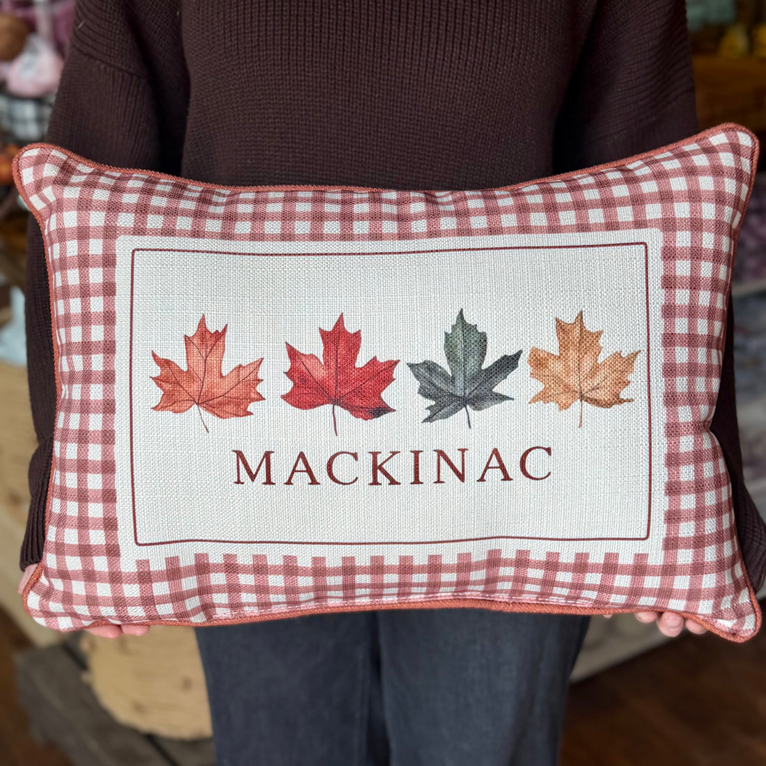Gingham Fall Leaves Pillow