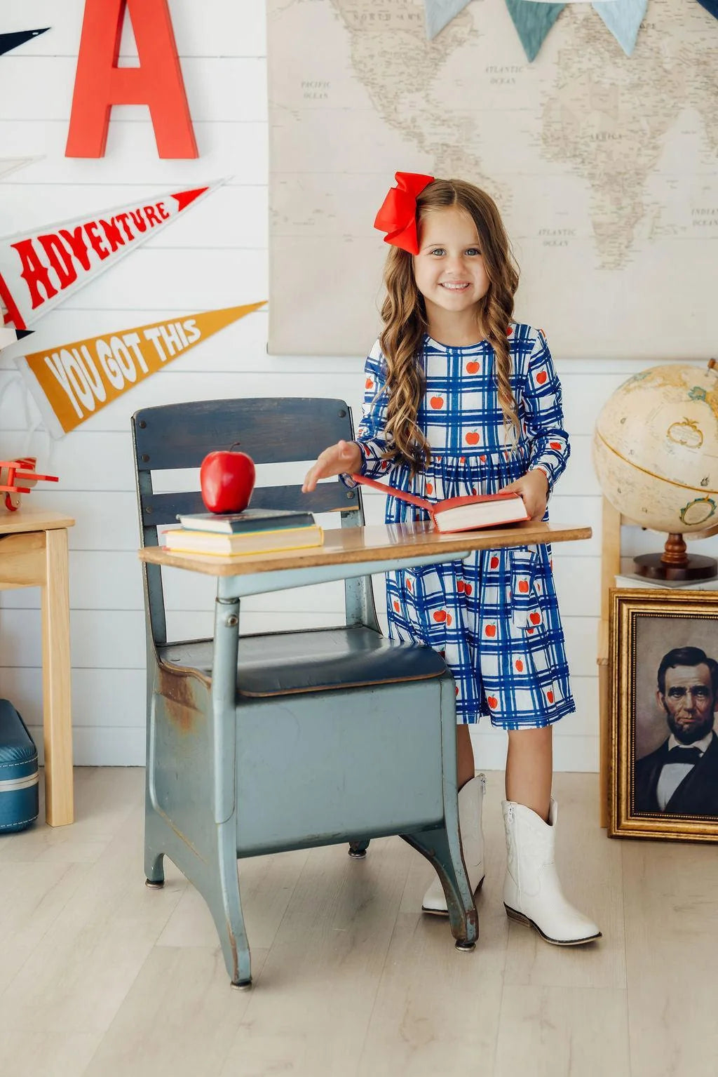 Plaid Apples Long Sleeve Pocket Twirl Dress