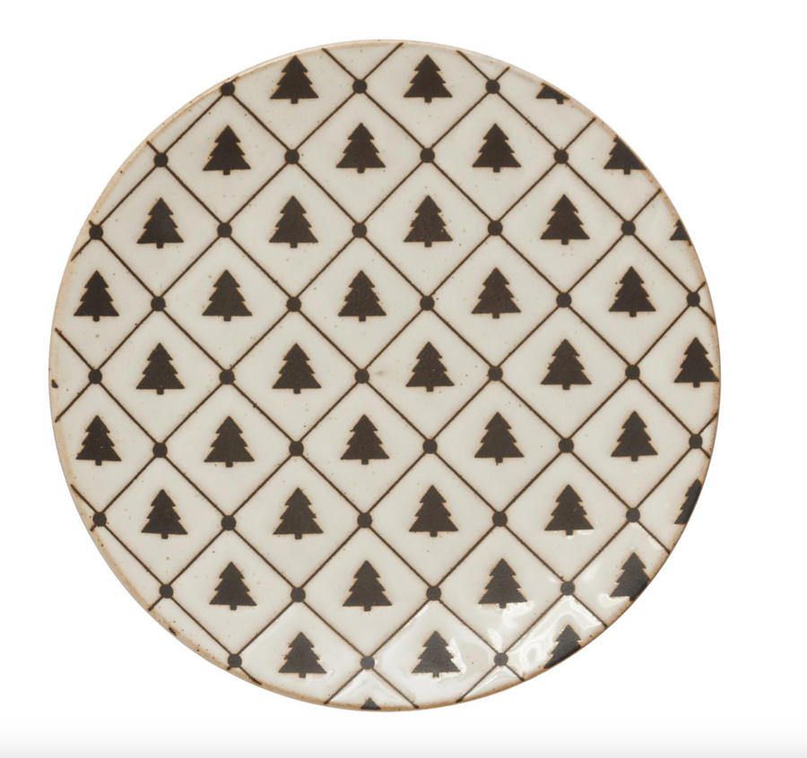 Stoneware Plate with Tree Pattern