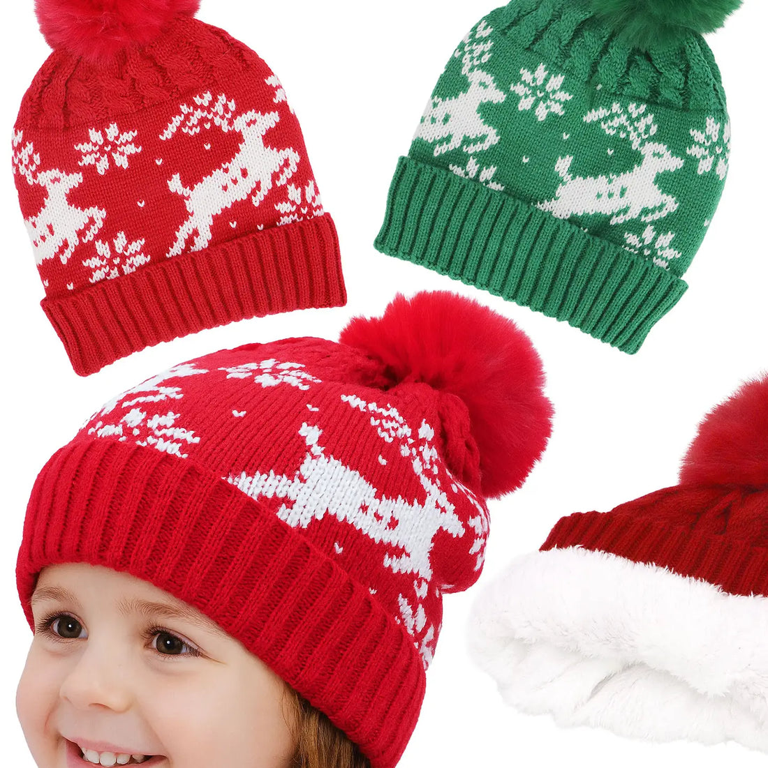 Kids Reindeer Snowflake Fleece Lined Beanie