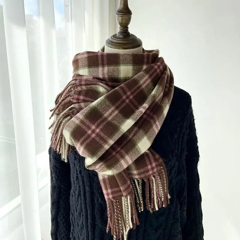 Vintage Plaid Faux Cashmere Warm Tassel Scarf