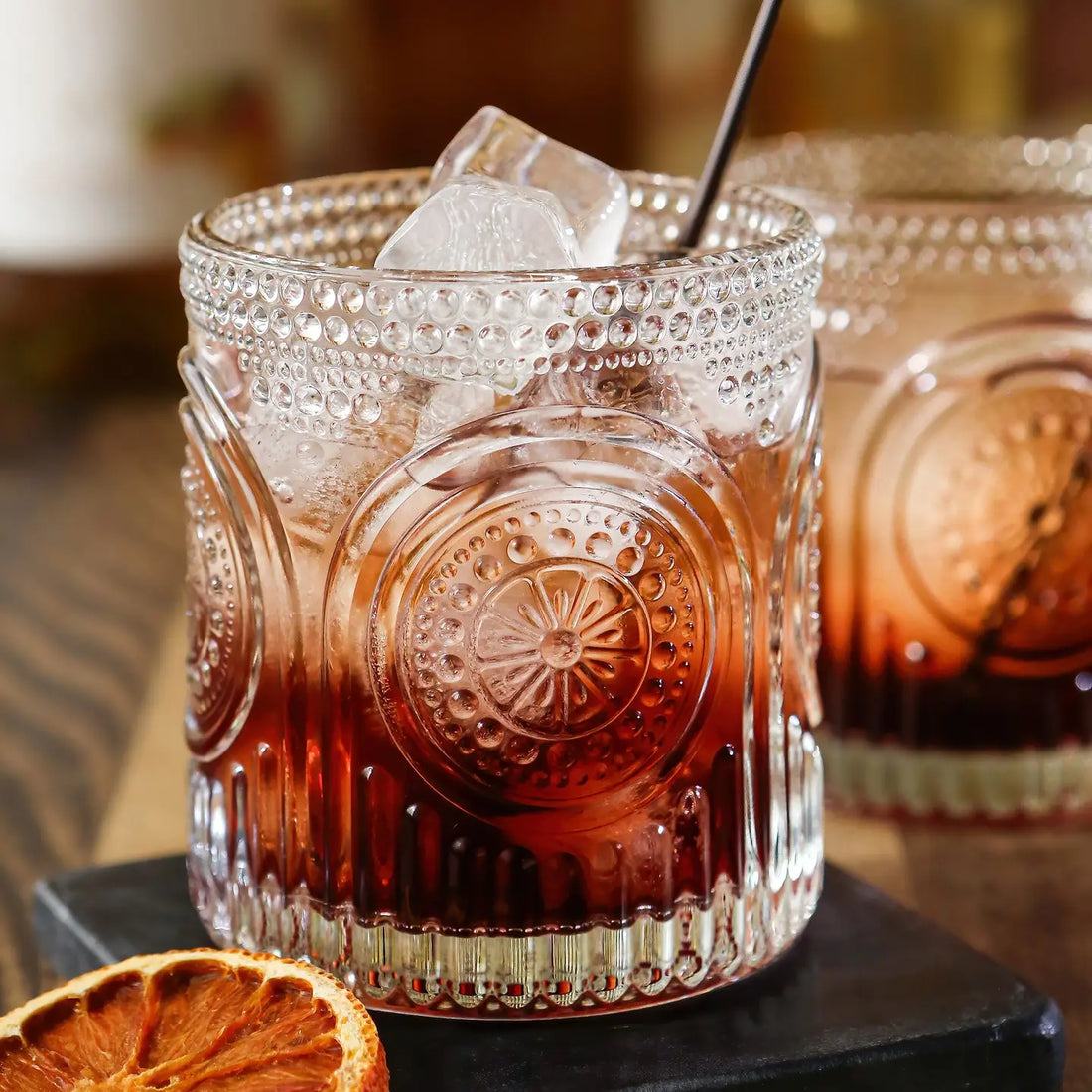 Ribbed Retro Arch Floral Drinking Glass