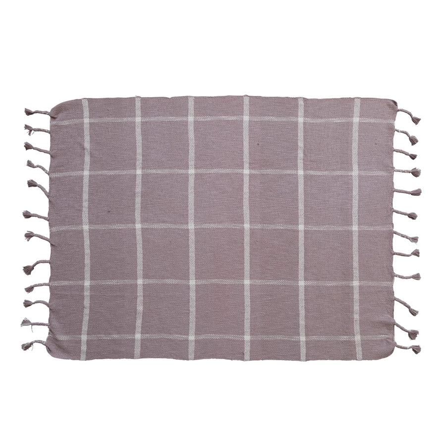 Lilac & Cream Woven Cotton Slub Throw with Grid Pattern & Braided Fringe