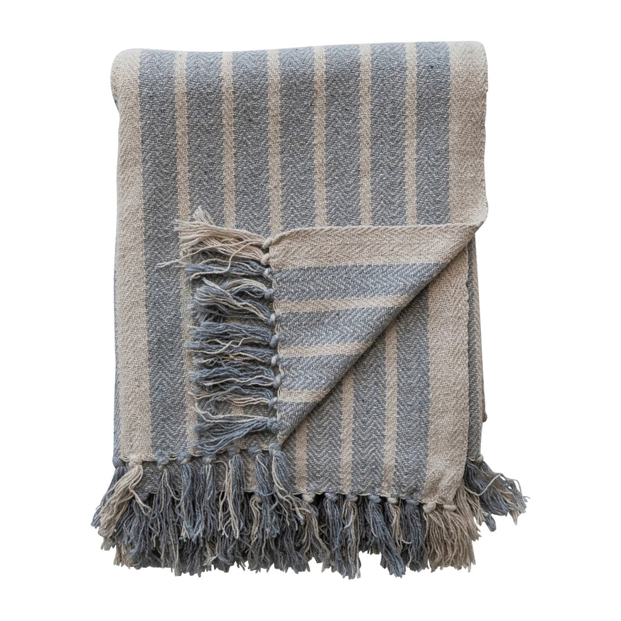 Woven Recycled Cotton Blend Throw with Stripes & Fringe