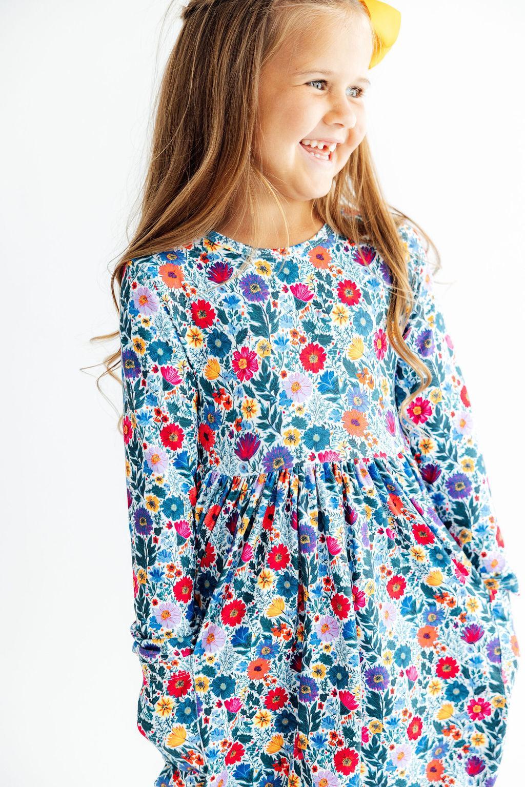 Vintage Floral Long Sleeve Pocket Twirl Dress
