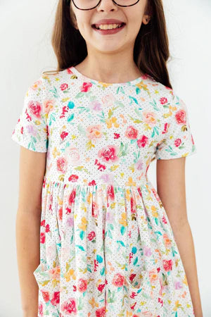 Painted Poisies Short Sleeved Pocket Twirl Dress