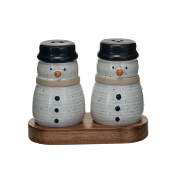 Stoneware Snowmen Shaped Salt & Pepper Shakers w/ Acacia Wood Tray