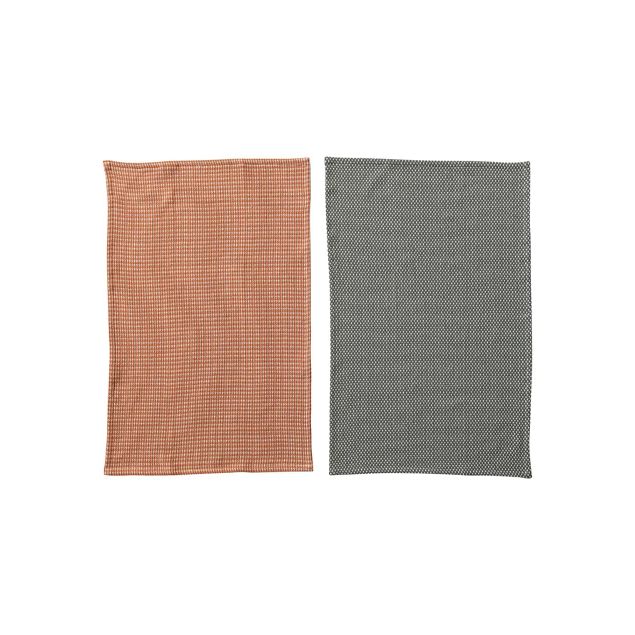 Woven Cotton Dobby Tea Towels, Orange & Charcoal Color