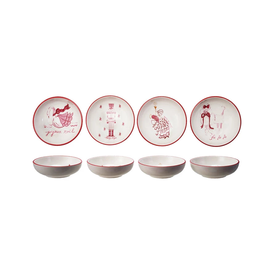 Stoneware Bowl with Holiday Image, Saying & Red Rim