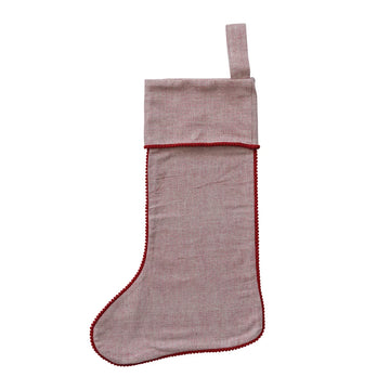Woven Cotton Stocking with Red Mini Pom Pom Trim
