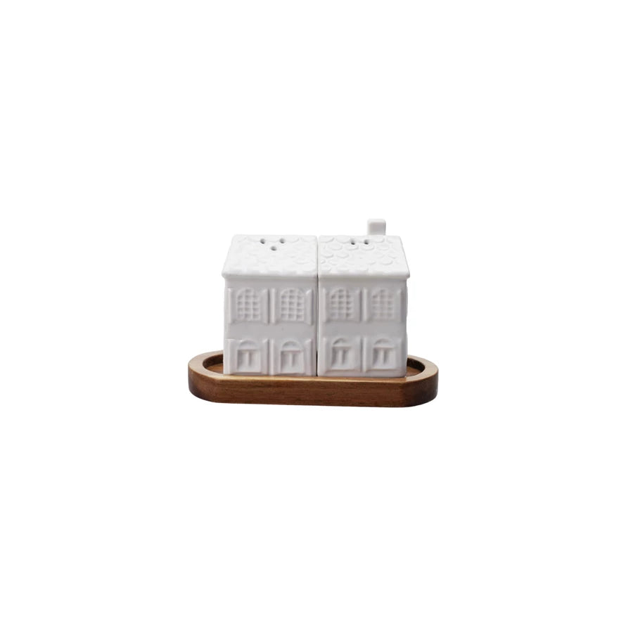 Stoneware House Shaped Salt & Pepper Shakers with Wood Tray