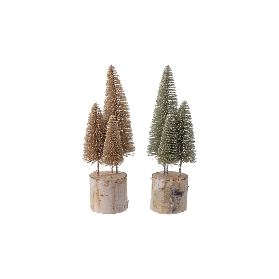 Plastic Bottle Brush Trees with Glitter & Wood Base